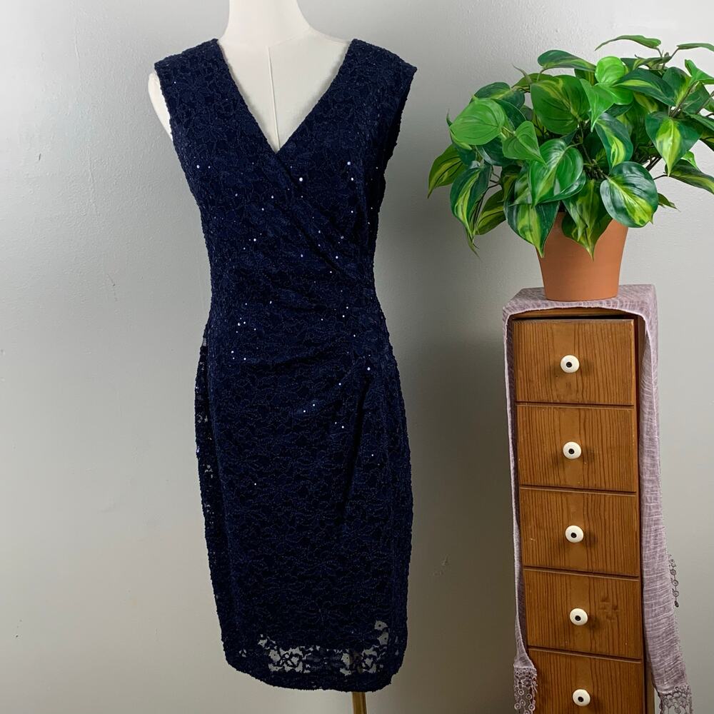 Dressbarn Collection Navy Blue Sleeveless Sequin V Neck Dress Size 8